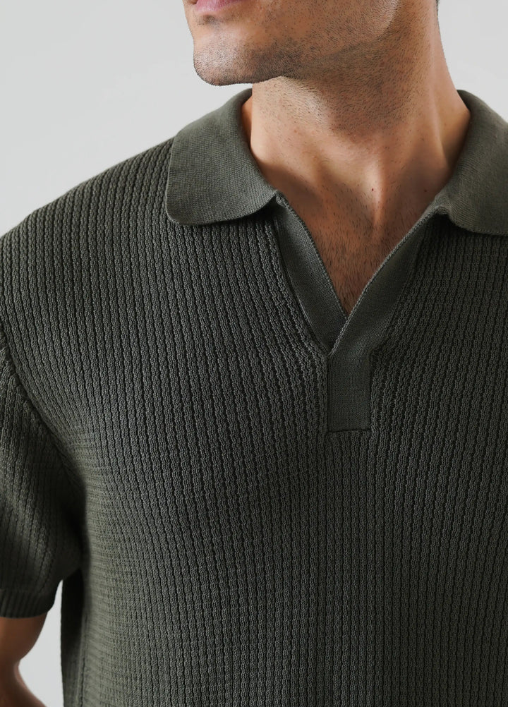 Artezan Inc Mens RTW Textured Knit Tee Polo Suit Khaki Green - Casual Collection
