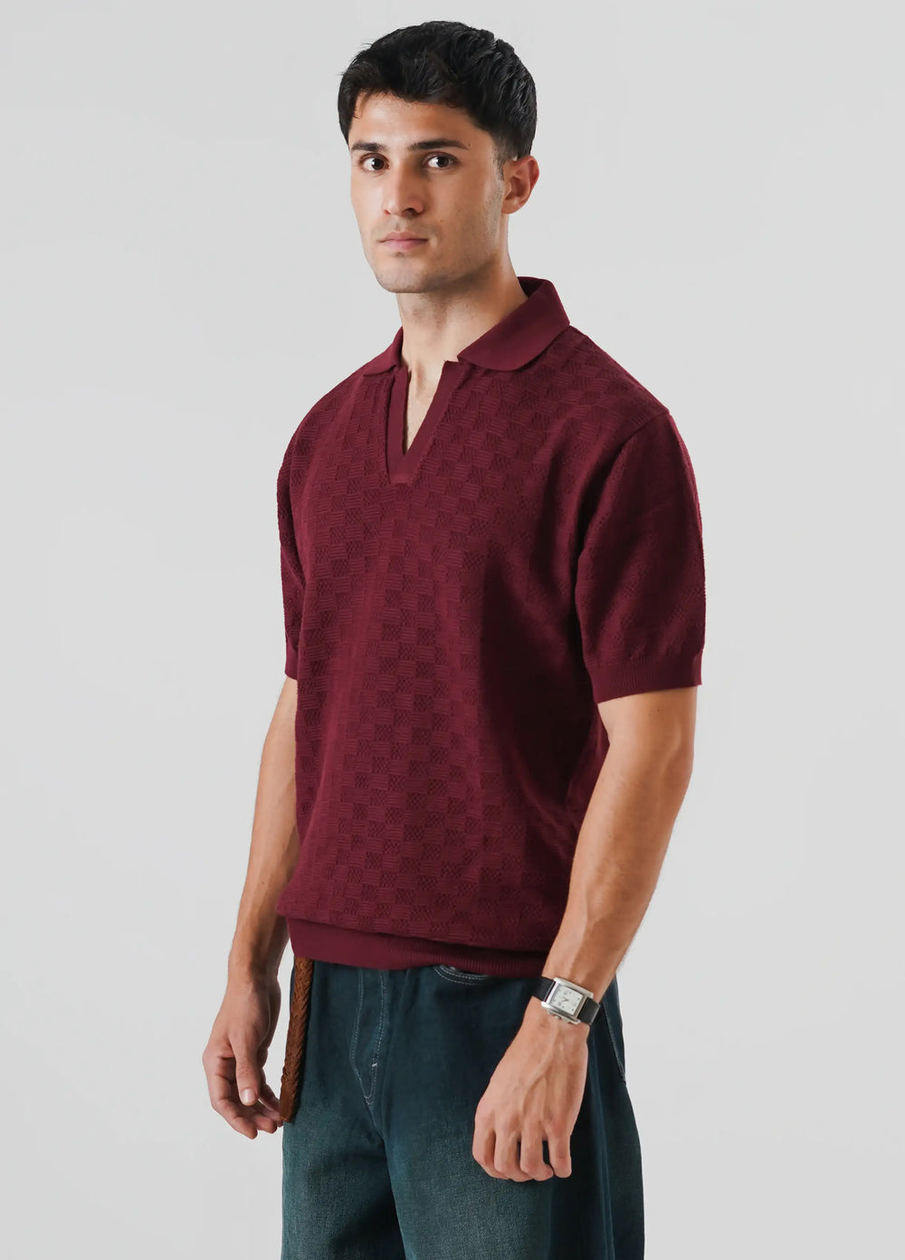 Artezan Inc Mens RTW Textured Knit Tee Polo Suit Maroon - Casual Collection