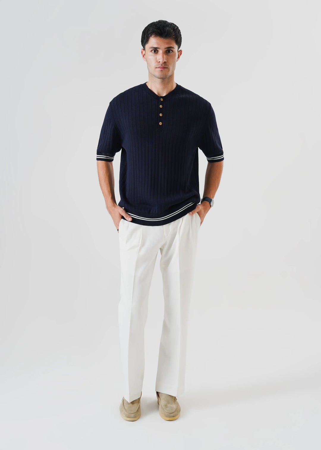 Artezan Inc RTW Solids Cotton T-Shirt Henley Navy Blue Casual Collection