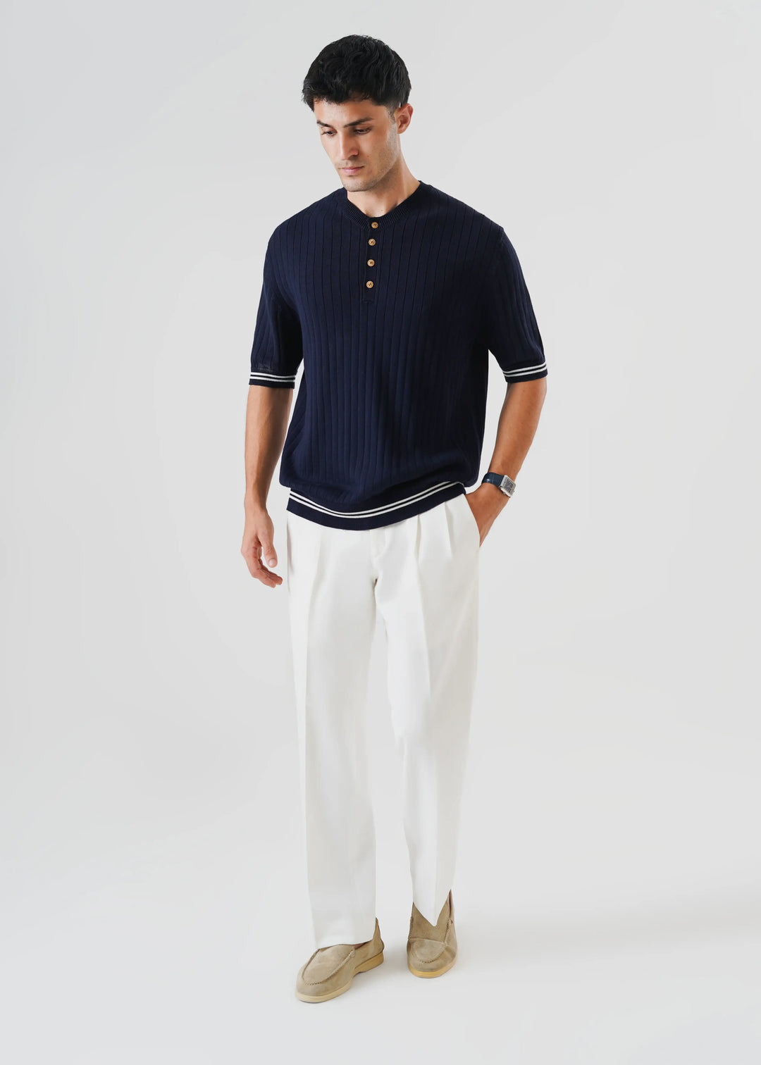 Artezan Inc RTW Solids Cotton T-Shirt Henley Navy Blue Casual Collection