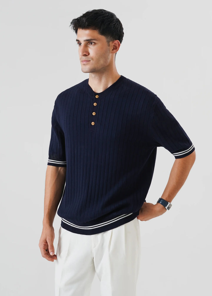Artezan Inc RTW Solids Cotton T-Shirt Henley Navy Blue Casual Collection