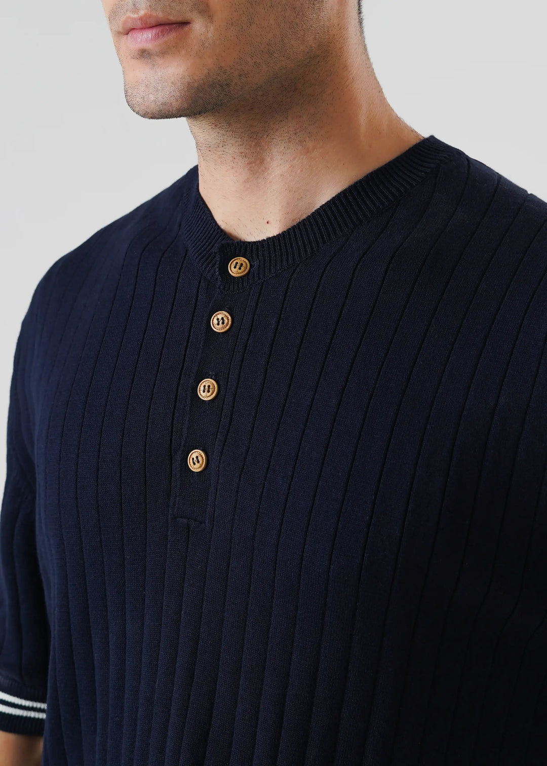 Artezan Inc RTW Solids Cotton T-Shirt Henley Navy Blue Casual Collection