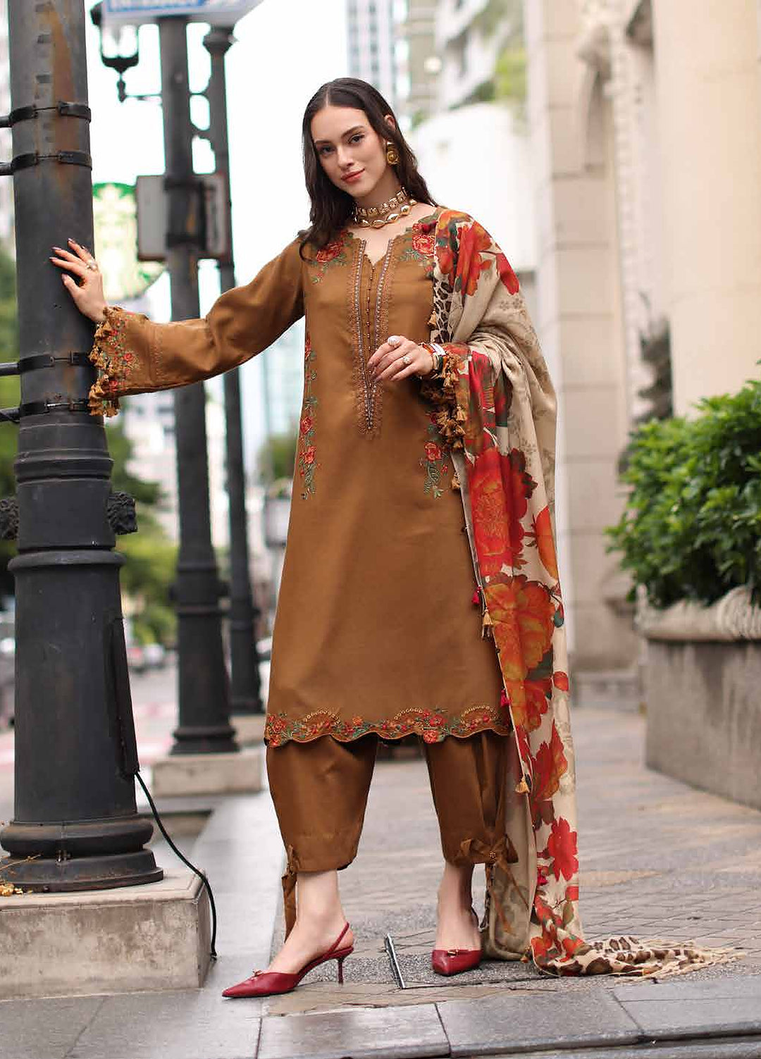 Poshima by Charizma Unstitched Embroidered Leather Peach 3 Piece Suit CHR26UPL PSW6-02 - Winter Collection