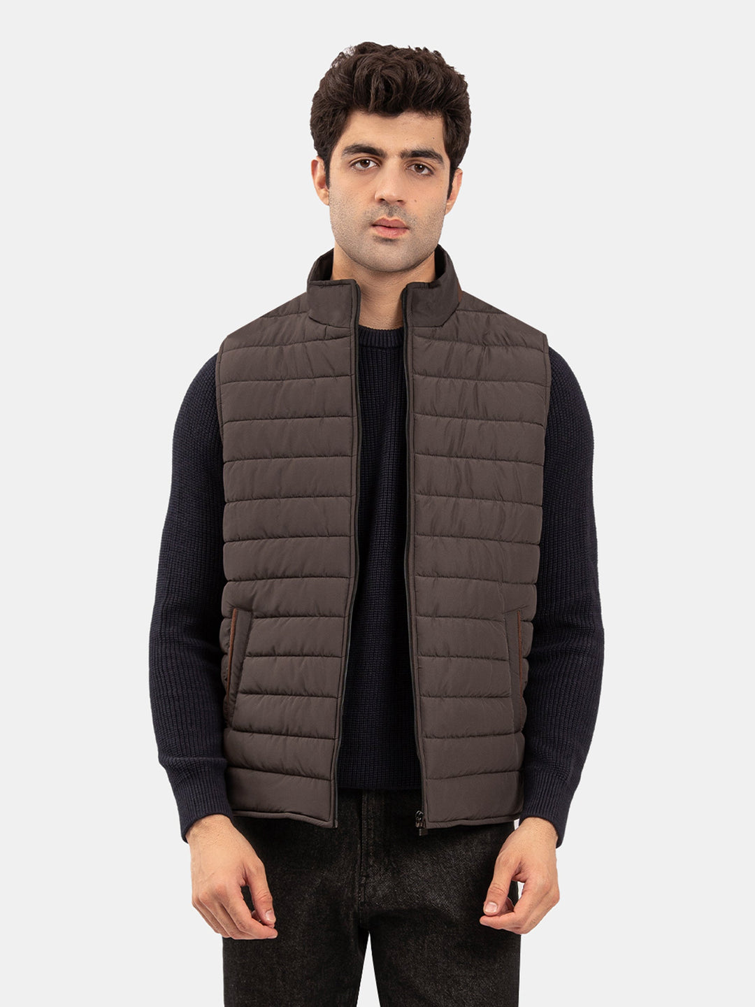 Brumano Mens RTW Solids Poly Jacket Suit Pastel Brown Puffer Winter Collection