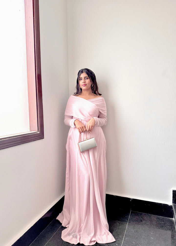 Mataish Women RTW Solids Chiffon 1 Piece Suit Pink Drop Shoulder Maxi - Festive Collection