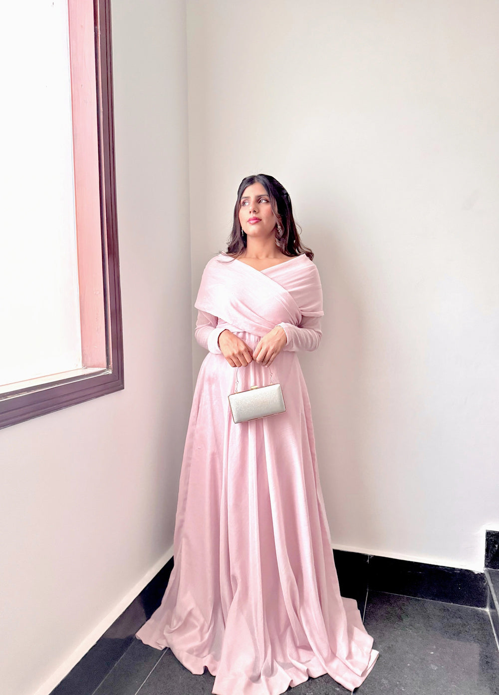 Mataish Women RTW Solids Chiffon 1 Piece Suit Pink Drop Shoulder Maxi - Festive Collection