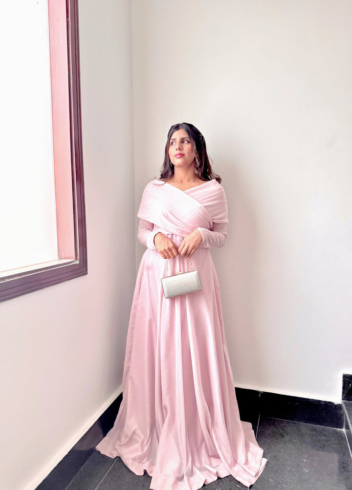 Mataish Women RTW Solids Chiffon 1 Piece Suit Pink Drop Shoulder Maxi - Festive Collection