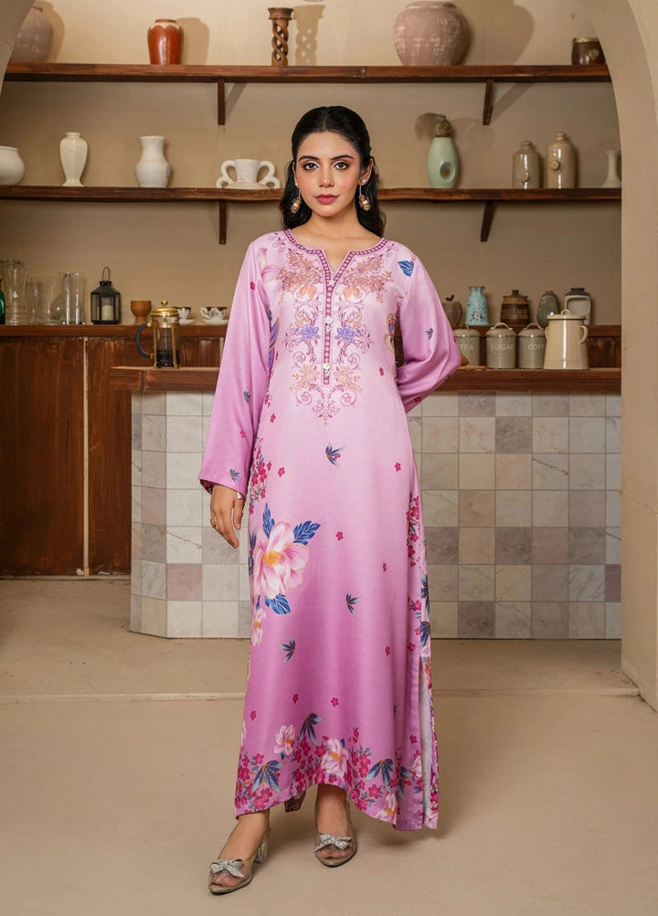 Mataish Women RTW Printed Crepe 1 Piece Suit Pink Floral Long Shirt - Festive Collection