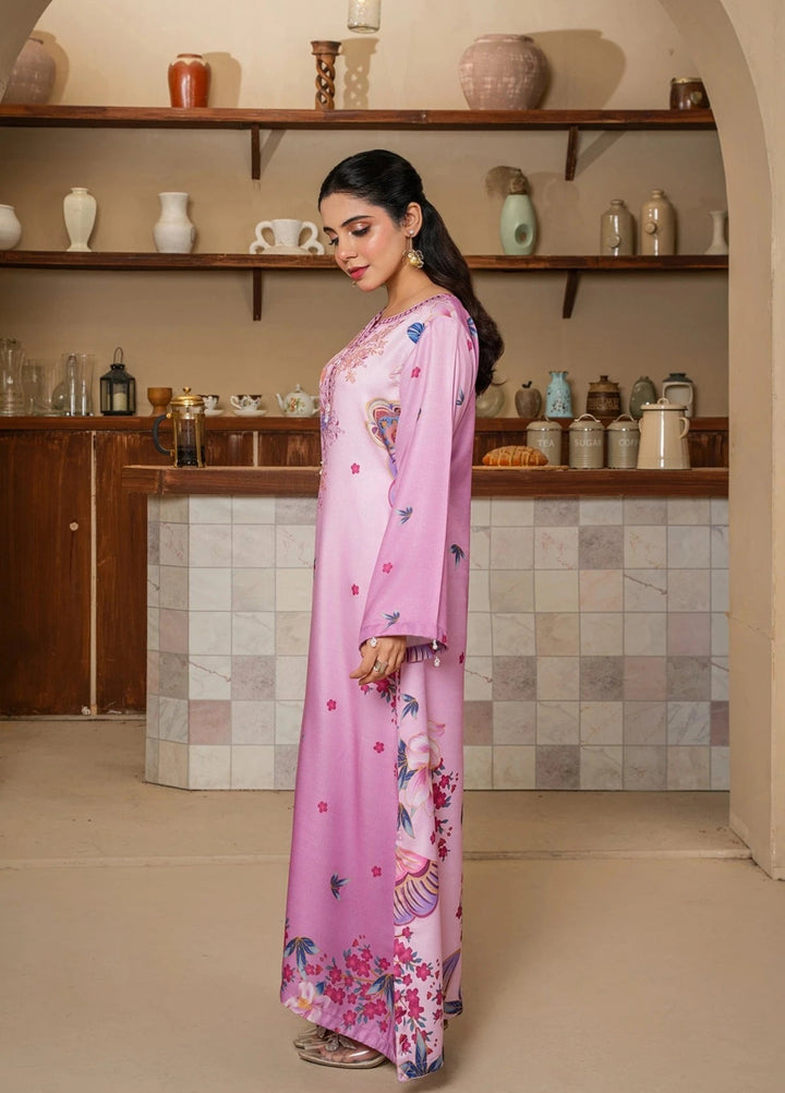 Mataish Women RTW Printed Crepe 1 Piece Suit Pink Floral Long Shirt - Festive Collection