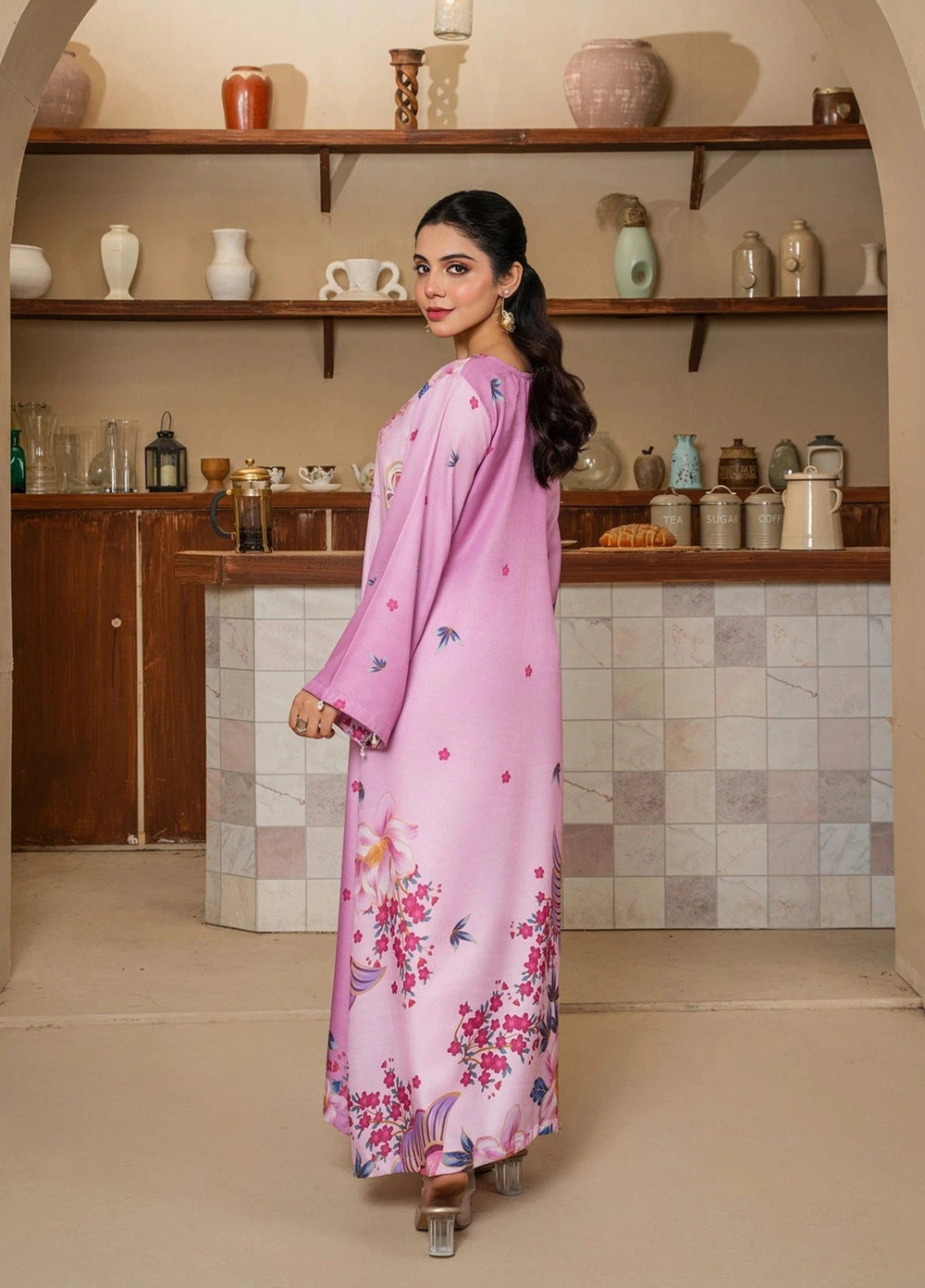 Mataish Women RTW Printed Crepe 1 Piece Suit Pink Floral Long Shirt - Festive Collection