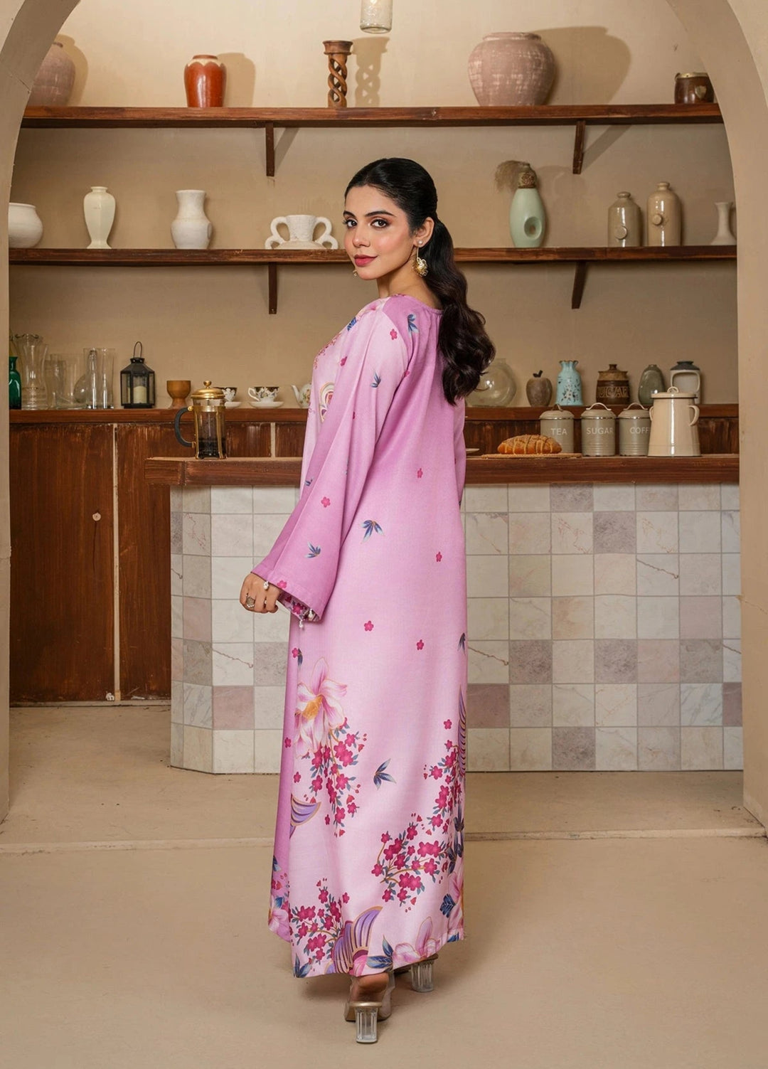 Mataish Women RTW Printed Crepe 1 Piece Suit Pink Floral Long Shirt - Festive Collection