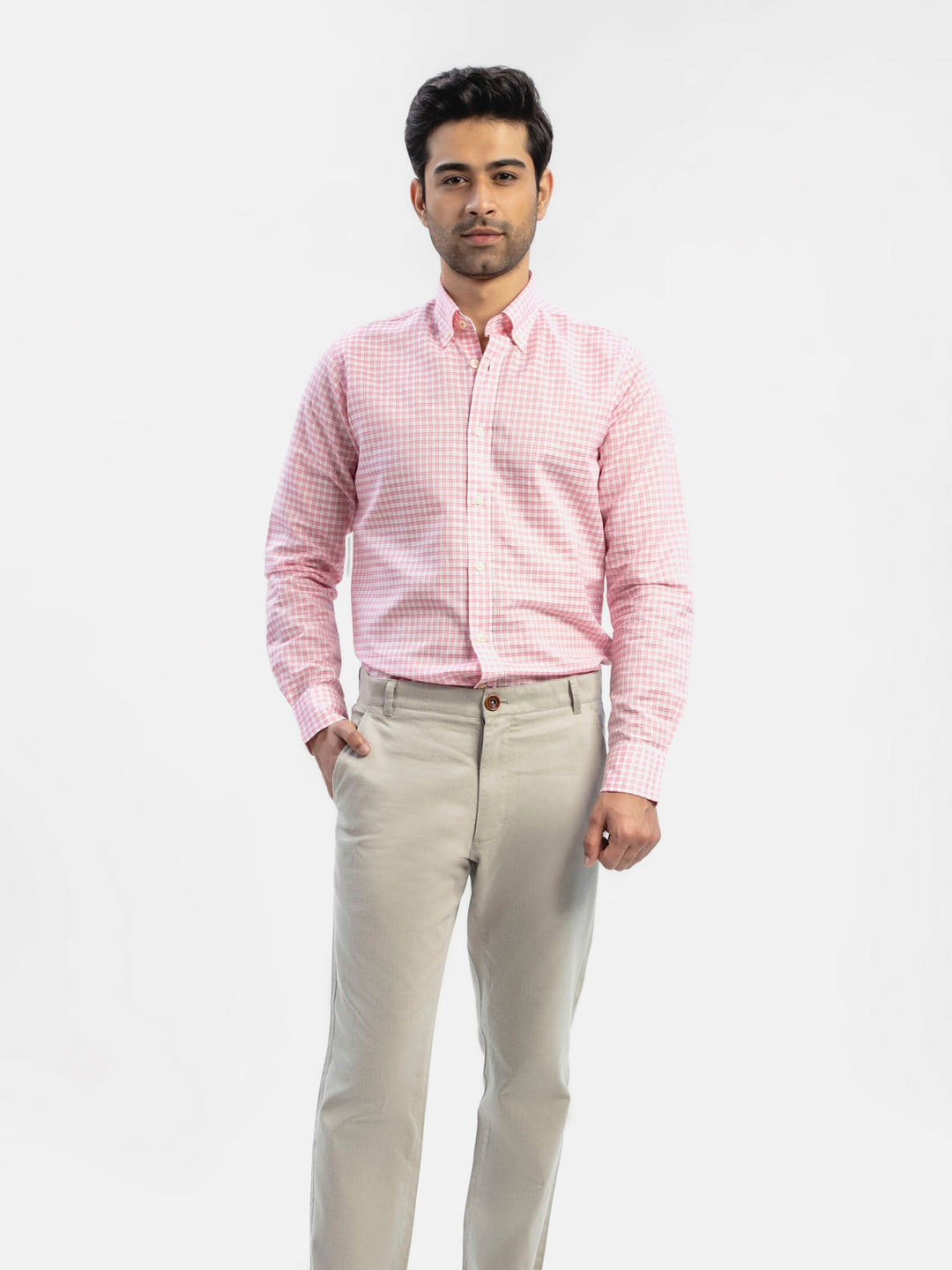 Brumano Ready To Wear Shirts Men 1 Piece Cotton Pink Linen Gingham Shirt With Button Down Collar 0-32-024-1563 - Summer Collection