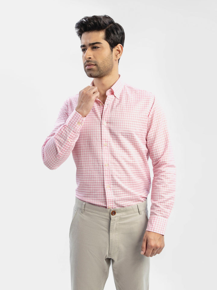 Brumano Ready To Wear Shirts Men 1 Piece Cotton Pink Linen Gingham Shirt With Button Down Collar 0-32-024-1563 - Summer Collection
