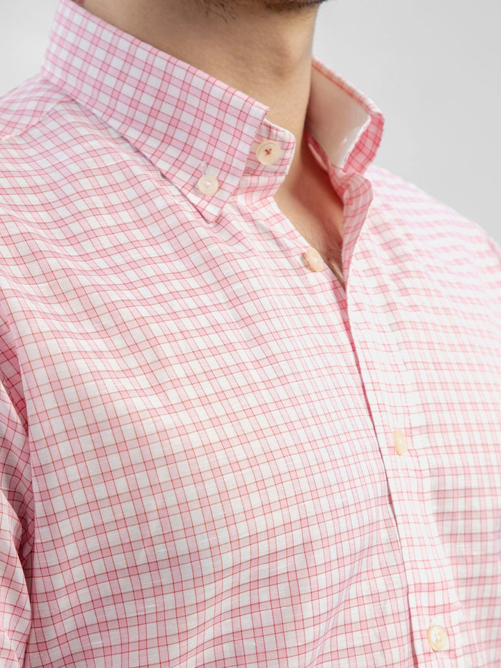 Brumano Ready To Wear Shirts Men 1 Piece Cotton Pink Linen Gingham Shirt With Button Down Collar 0-32-024-1563 - Summer Collection