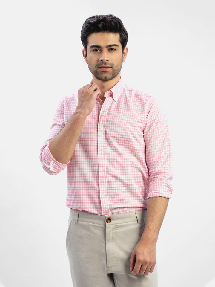 Brumano Ready To Wear Shirts Men 1 Piece Cotton Pink Linen Gingham Shirt With Button Down Collar 0-32-024-1563 - Summer Collection