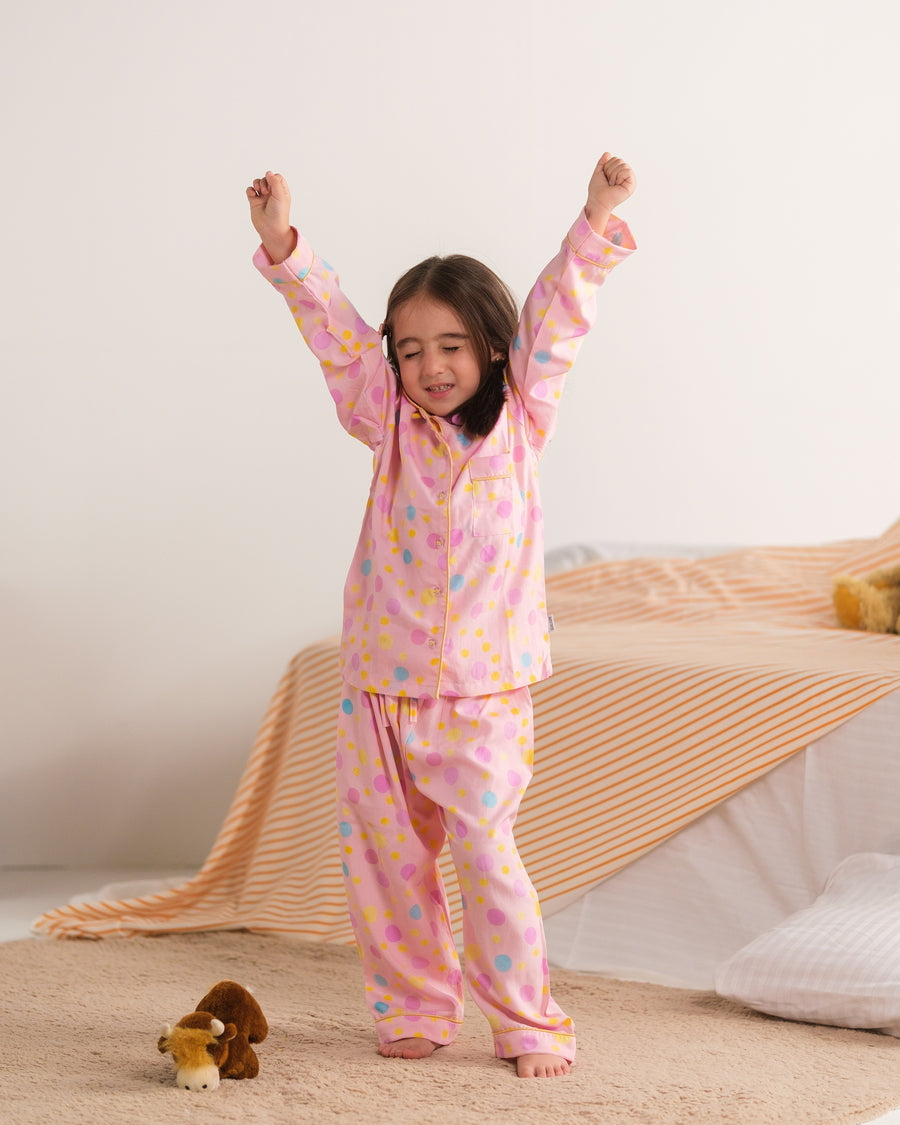 Baby Nest Kids Premium Night Suits For Girls Printed 2 Piece Boski Linen Pink Puff  - Casual Collection