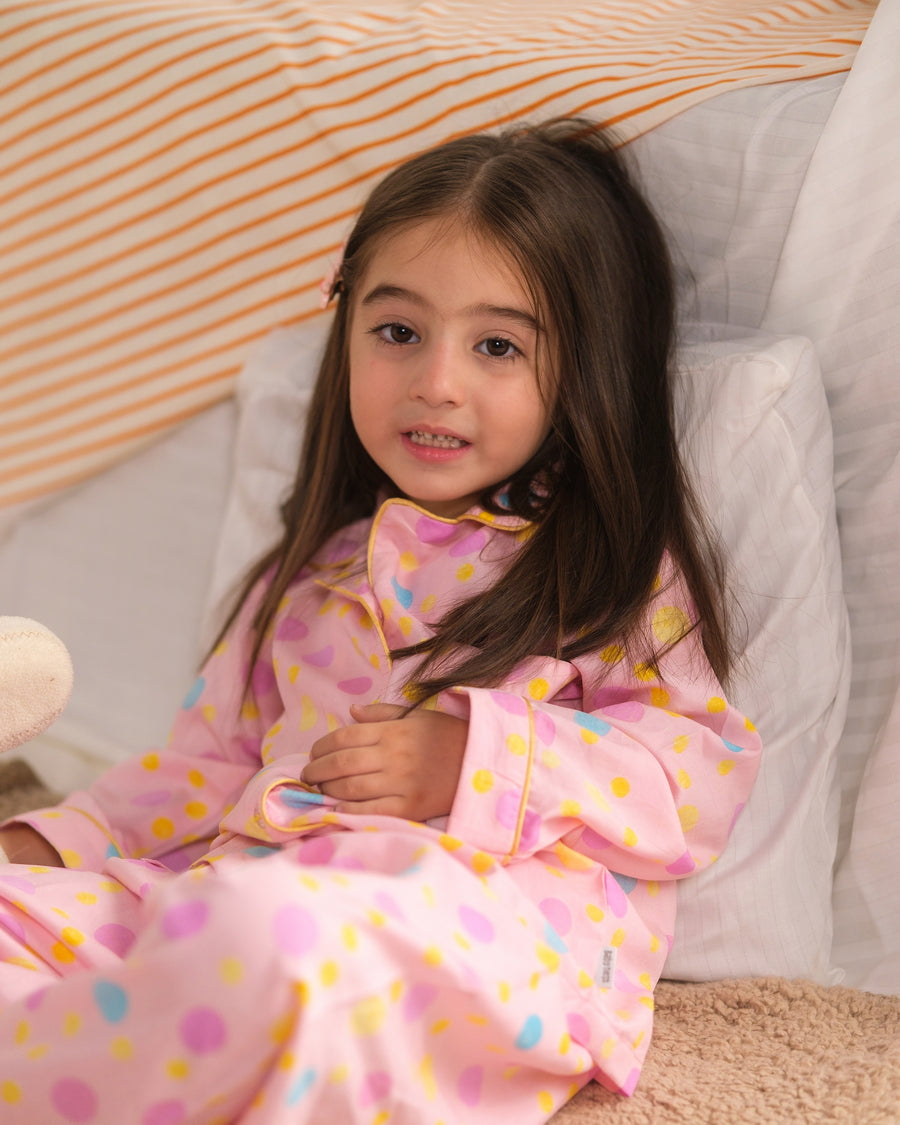 Baby Nest Kids Premium Night Suits For Girls Printed 2 Piece Boski Linen Pink Puff  - Casual Collection