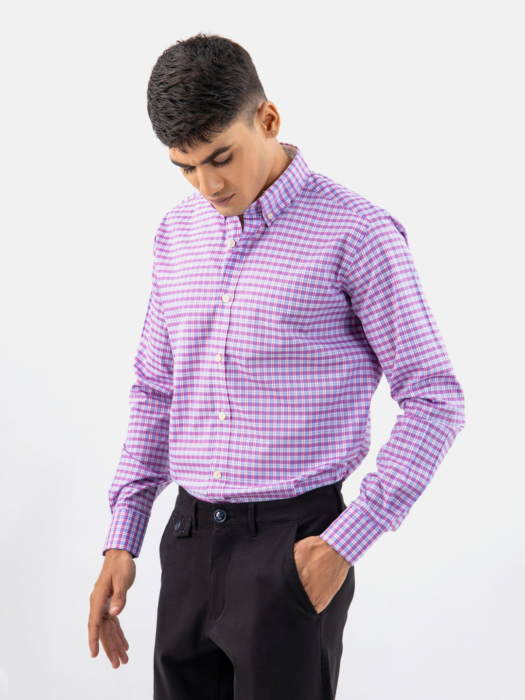 Brumano Ready To Wear Shirts Men 1 Piece Cotton Pink & Blue Gingham Button Down Shirt 0-32-024-3300 - Summer Collection