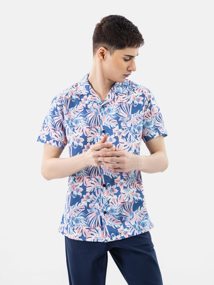 Brumano Ready To Wear Shirts Men 1 Piece Cotton Pink & Blue Large Floral Print Half Sleeve Cuban Collar Shirt 0-33-024-3230 - Summer Collection