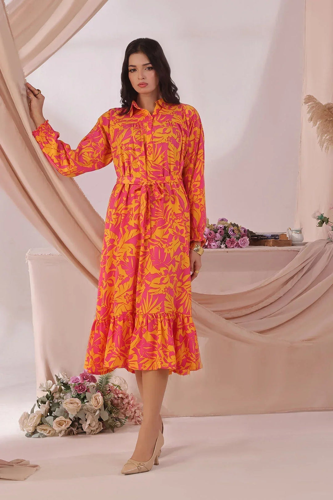 Ochre Women RTW Georgette 1 Piece Suit Hot Pink Georgette Long Printed Dress 
