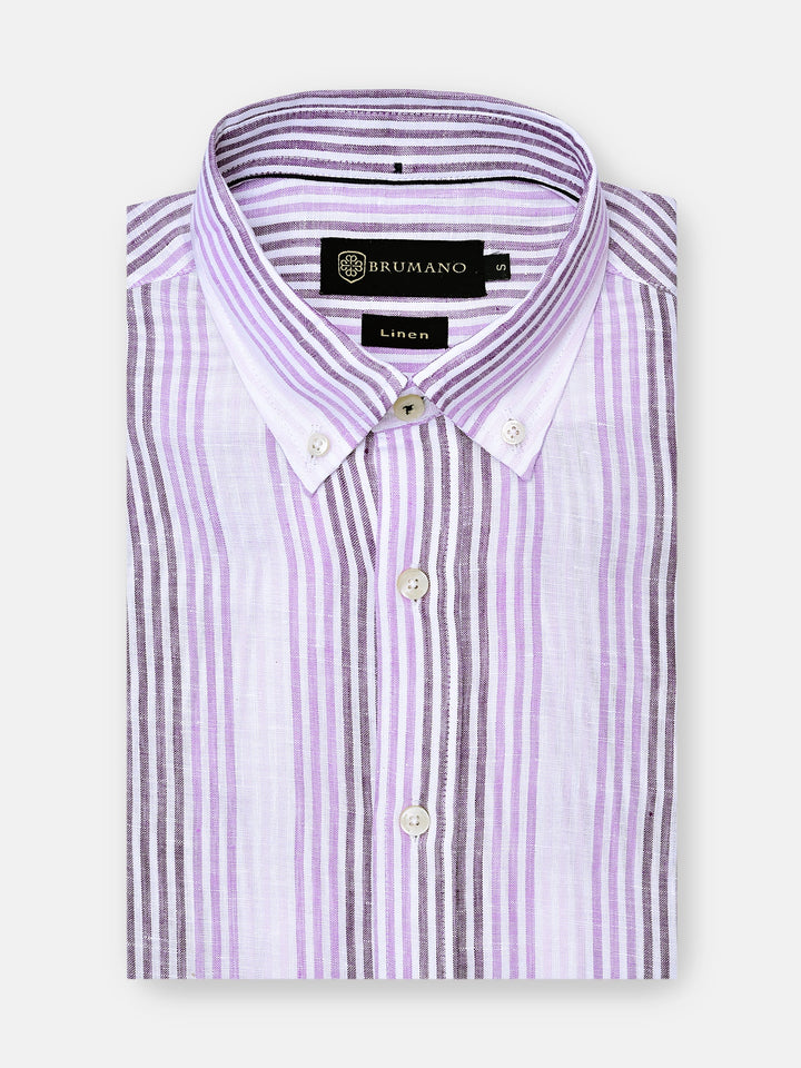 Brumano Ready To Wear Shirts Men 1 Piece Cotton Pink & Purple 100% Linen Striped Shirt 0-31-024-3281 - Summer Collection