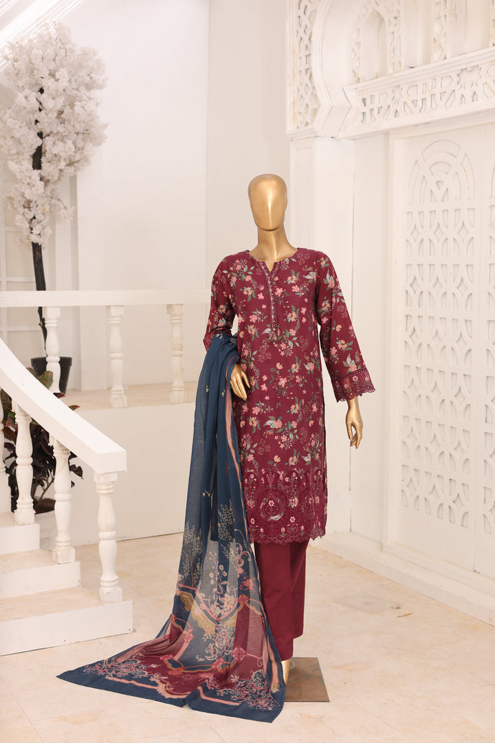 Suntex Fabrics Women RTW Printed Lawn 3 Piece Suit Laser Maroon Eid Collection