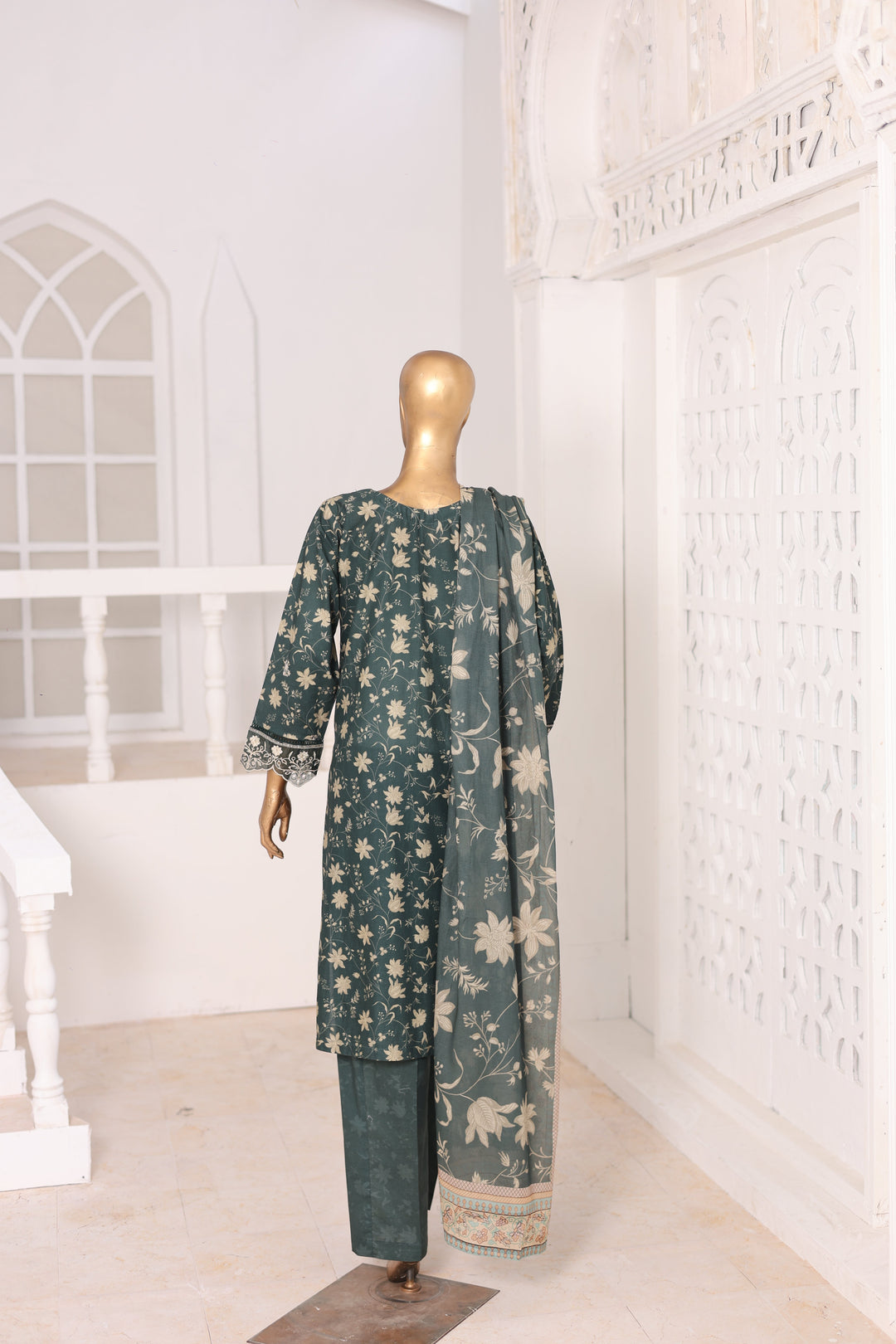 Suntex Fabrics Women RTW Printed Lawn 3 Piece Suit Laser Pine Green Eid Collection