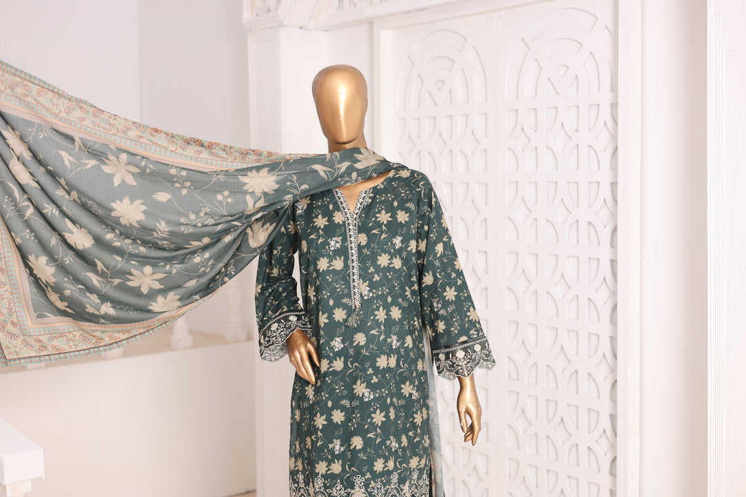 Suntex Fabrics Women RTW Printed Lawn 3 Piece Suit Laser Pine Green Eid Collection