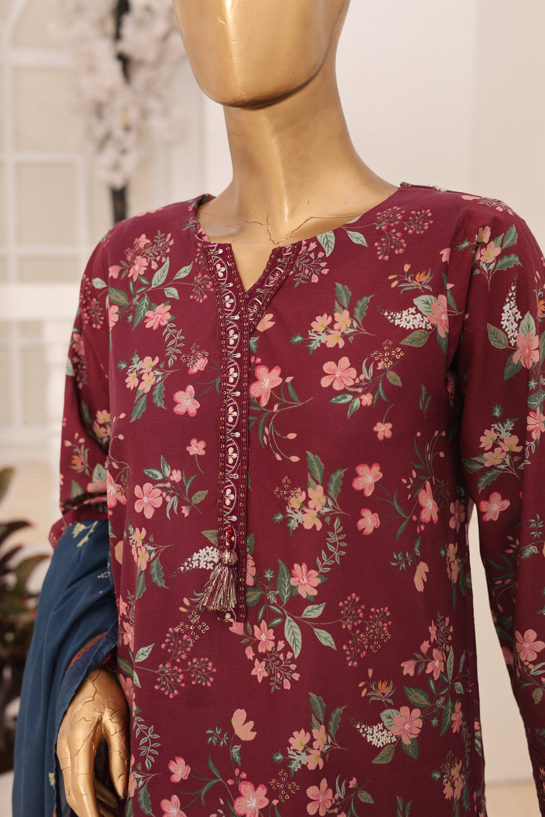 Suntex Fabrics Women RTW Printed Lawn 3 Piece Suit Laser Maroon Eid Collection