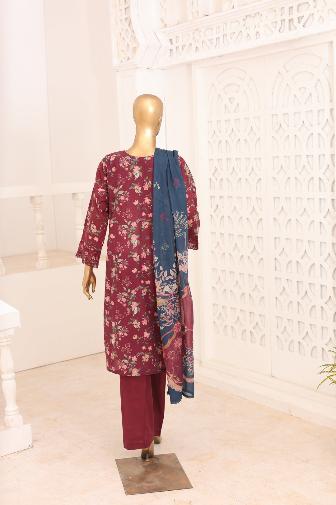Suntex Fabrics Women RTW Printed Lawn 3 Piece Suit Laser Maroon Eid Collection