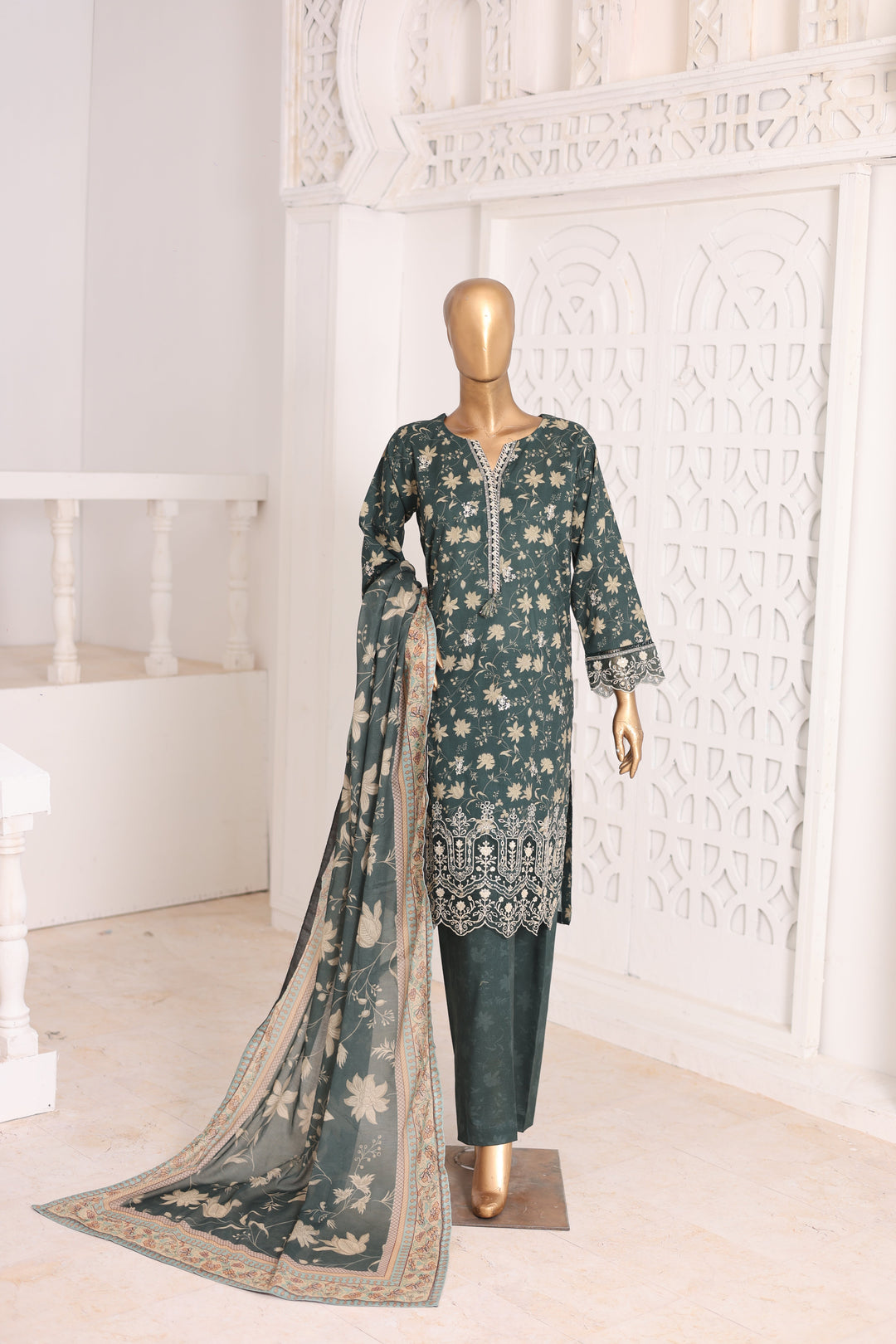 Suntex Fabrics Women RTW Printed Lawn 3 Piece Suit Laser Pine Green Eid Collection