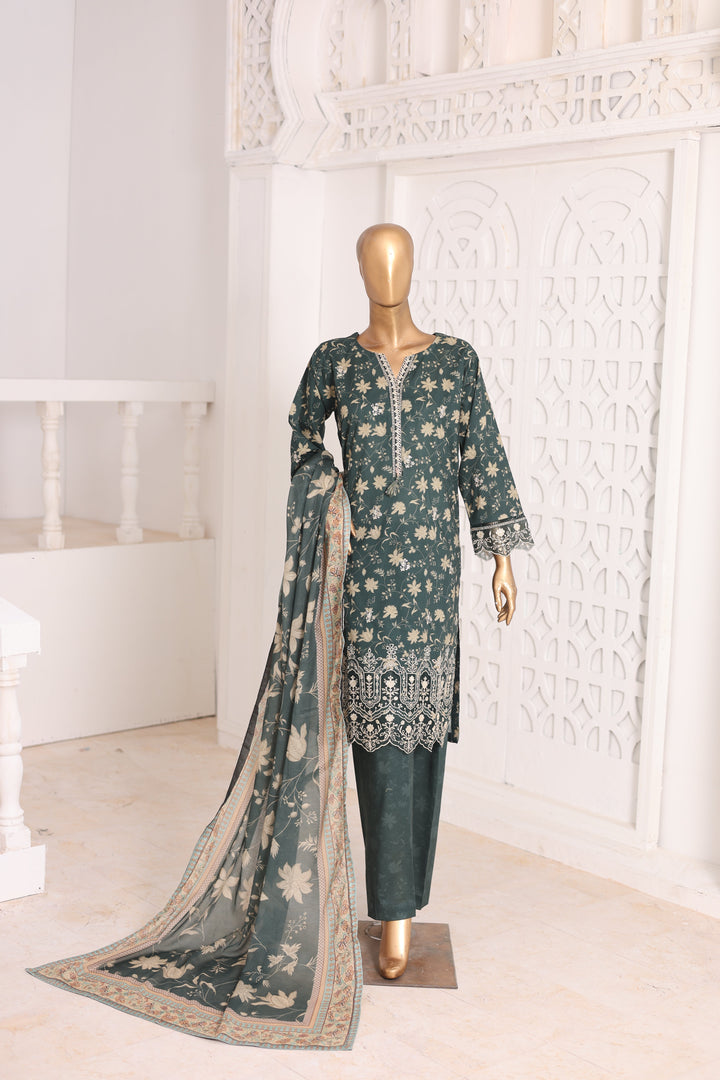 Suntex Fabrics Women RTW Printed Lawn 3 Piece Suit Laser Pine Green Eid Collection