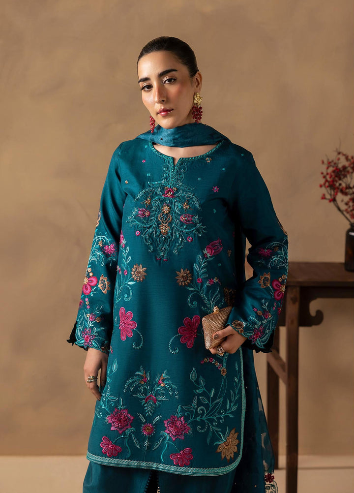 Silah by Rajbari Unstitched Embroidered Korean Silk 3 Piece Suit RB26US Teal - Festive Collection