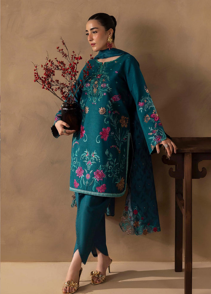 Silah by Rajbari Unstitched Embroidered Korean Silk 3 Piece Suit RB26US Teal - Festive Collection