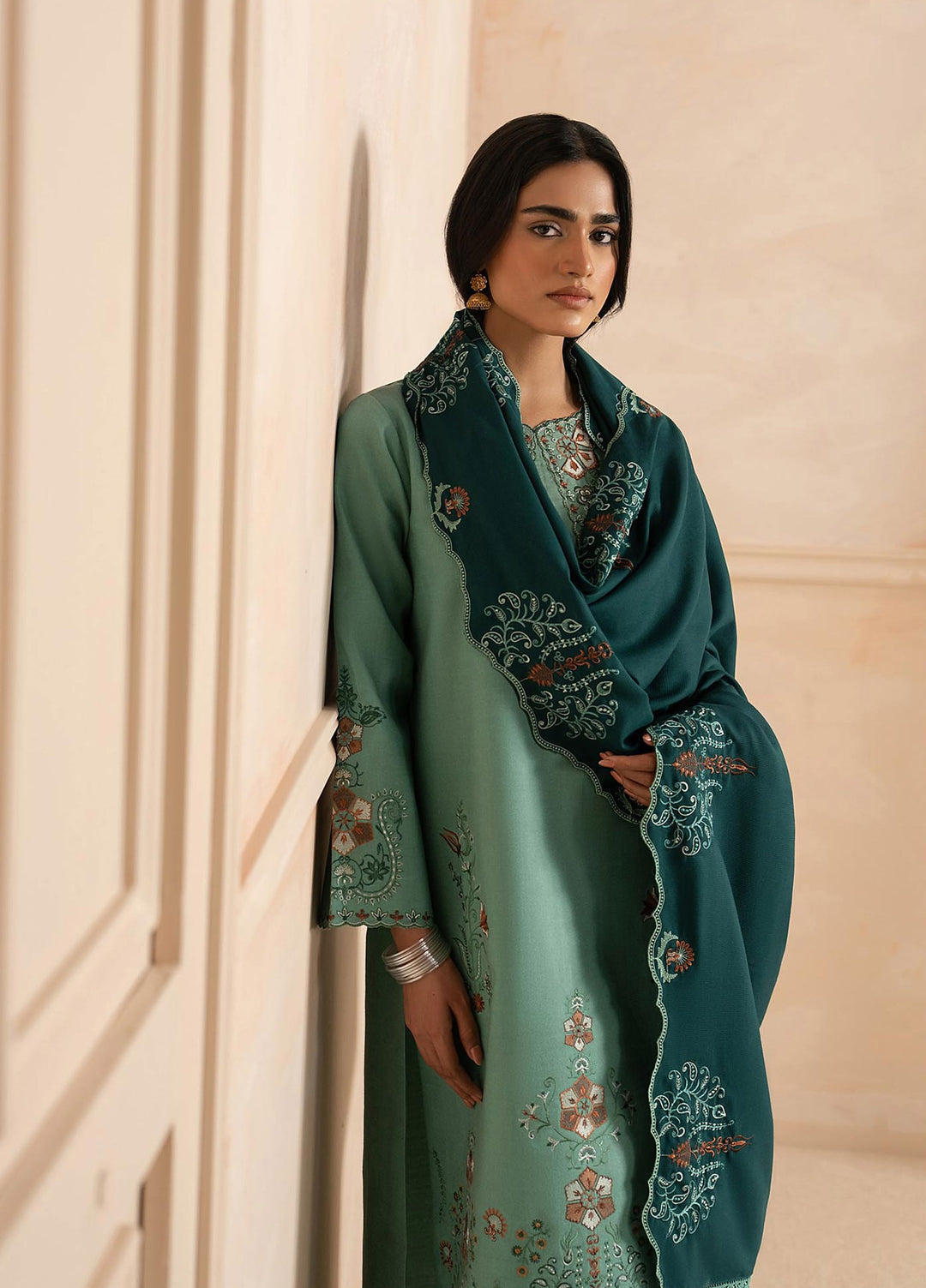 RajBari Exclusive Shawl Unstitched Embroidered Peach Leather 3 Piece Suit RB26UES 03 - Winter Collection