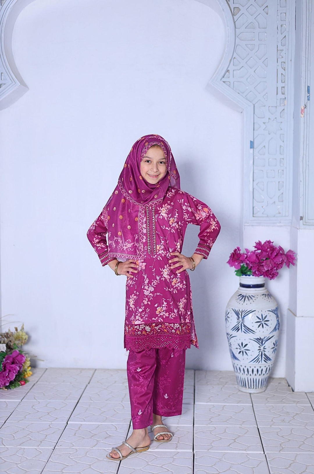 Me and Mummy by Suntex Fabrics RTW Embroidered Lawn 3 Piece Suit Pink-Girls Casual Collection
