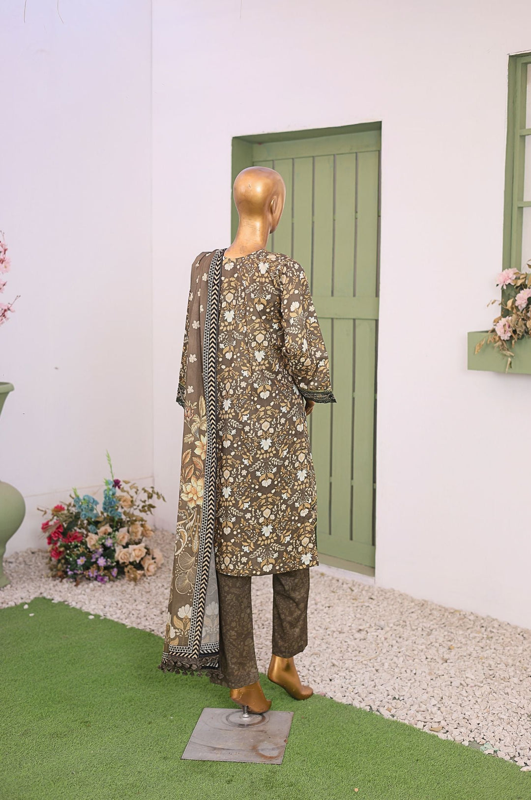 Me and Mummy by Suntex Fabrics RTW Embroidered Lawn 3 Piece Suit Olive Green-Women Casual Collection