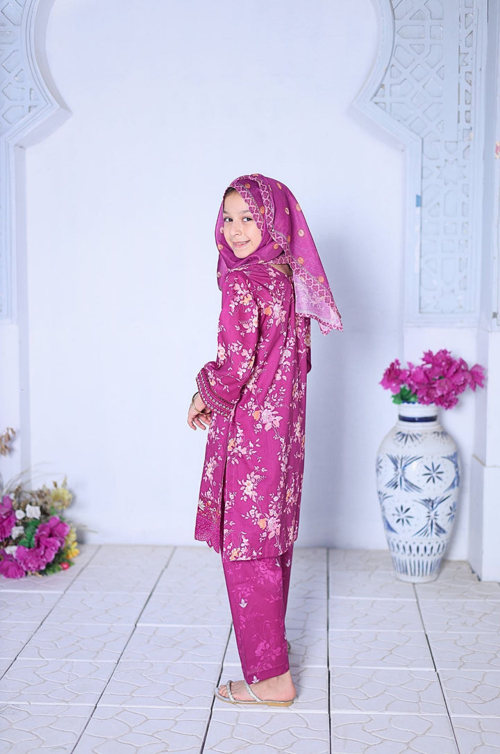 Me and Mummy by Suntex Fabrics RTW Embroidered Lawn 3 Piece Suit Pink-Girls Casual Collection