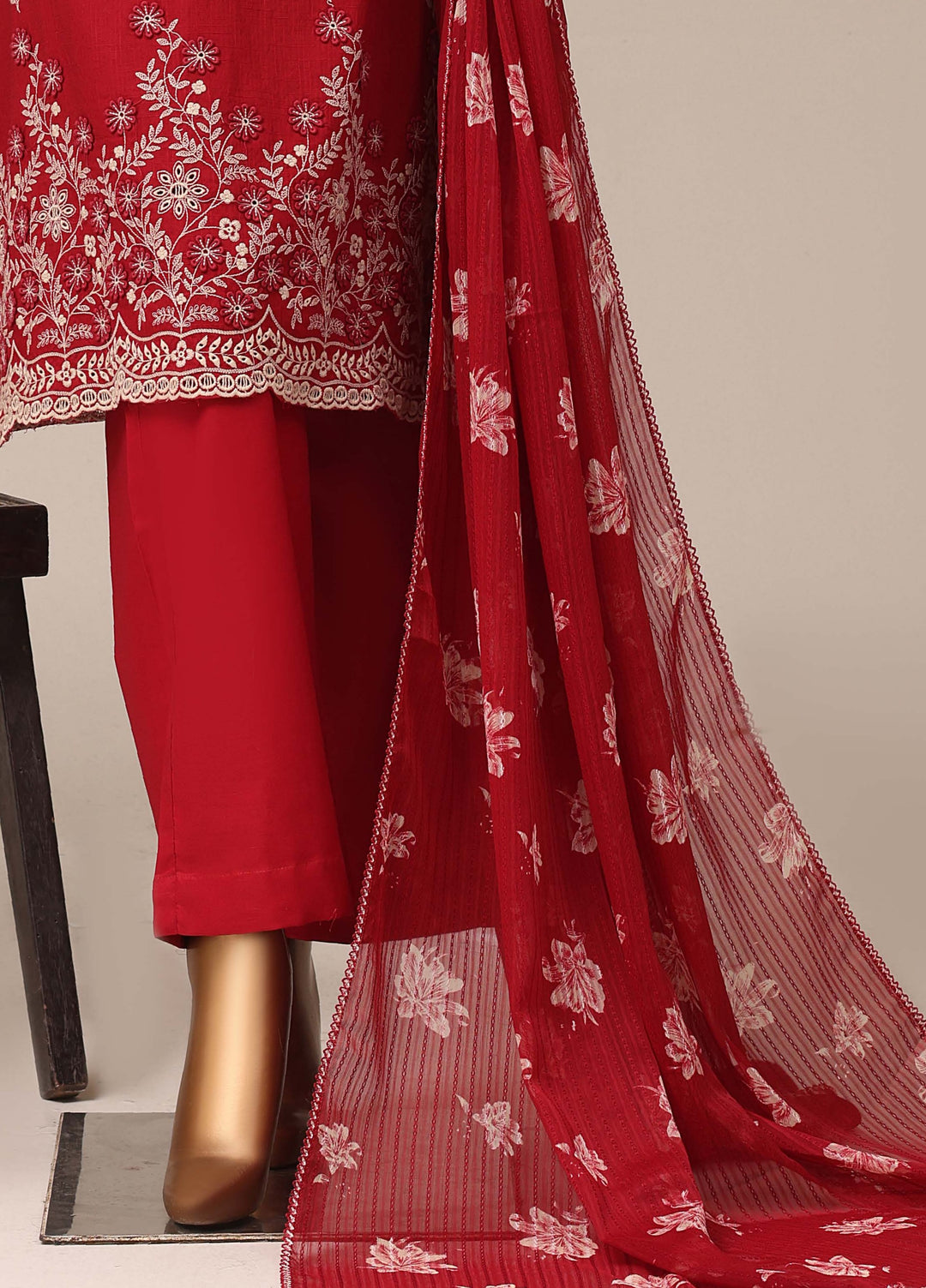 HZ Textiles RTW Chikankari Lawn 3 Piece Suit HZ26PCL RED GLOW SBE-3P-074 - Casual Collection