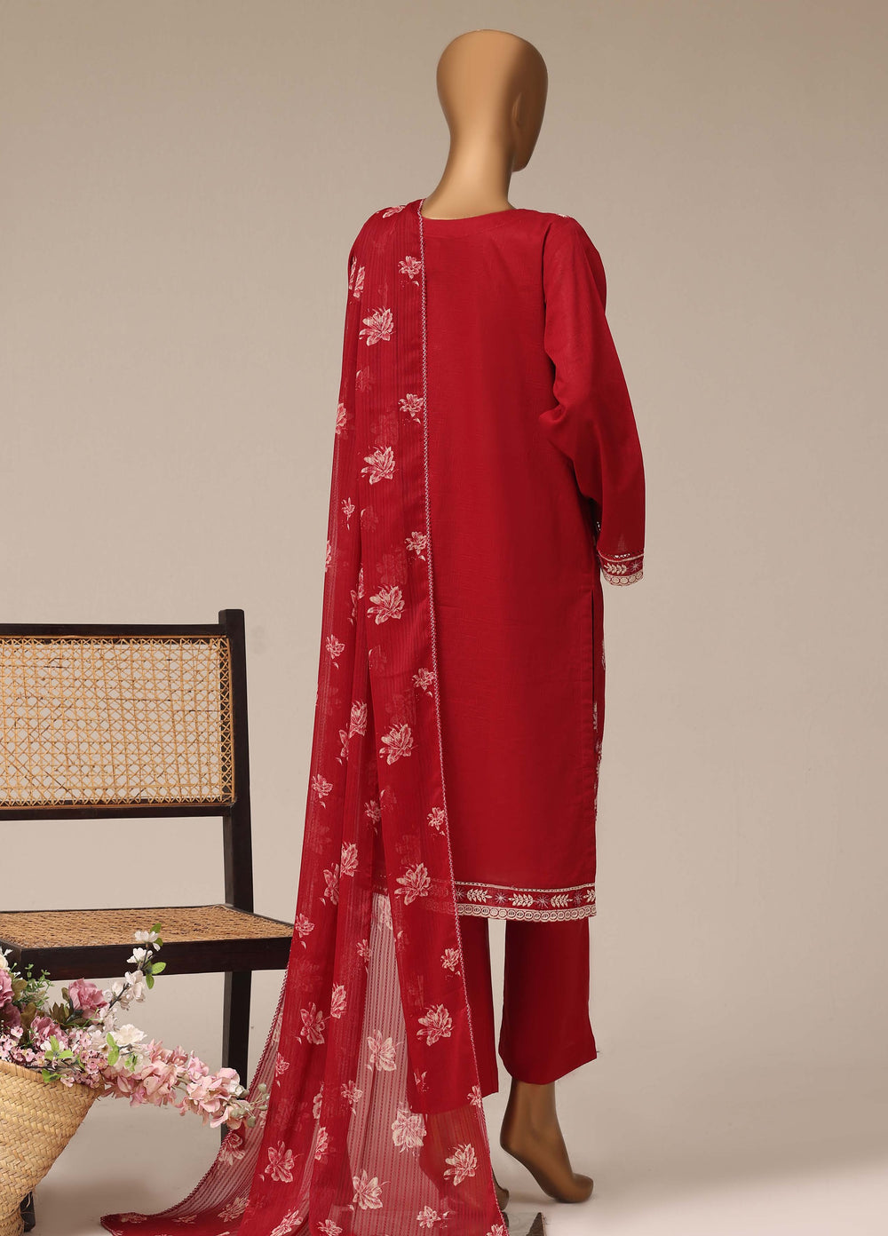HZ Textiles RTW Chikankari Lawn 3 Piece Suit HZ26PCL RED GLOW SBE-3P-074 - Casual Collection