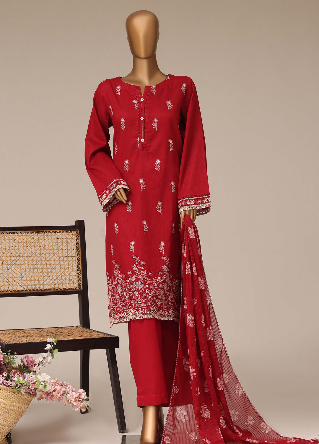HZ Textiles RTW Chikankari Lawn 3 Piece Suit HZ26PCL RED GLOW SBE-3P-074 - Casual Collection