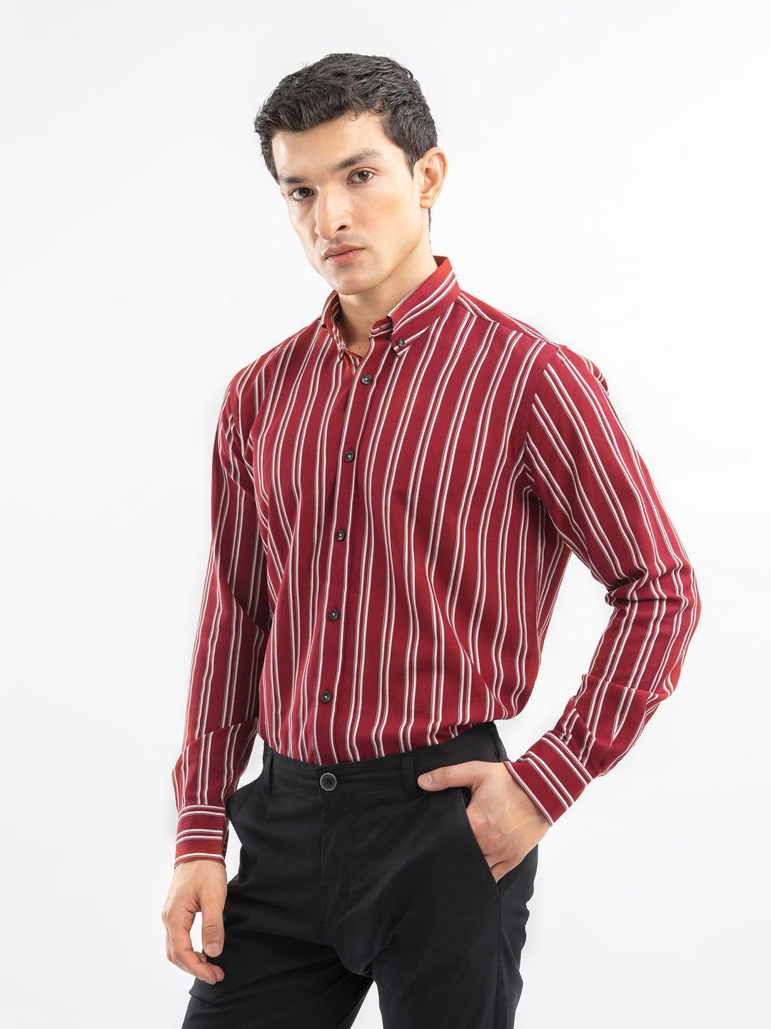 Brumano Ready To Wear Shirts Men 1 Piece Cotton Red & White Bold Striped Button Down Shirt 0-31-025-4404 - Summer Collection