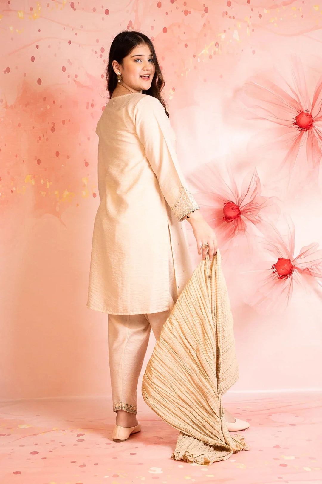Ochre Girls RTW Cotton 3 Piece Suit Beige Cey Cotton Kurta With Embroidery - Festive Collection
