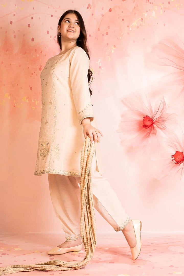 Ochre Girls RTW Cotton 3 Piece Suit Beige Cey Cotton Kurta With Embroidery - Festive Collection