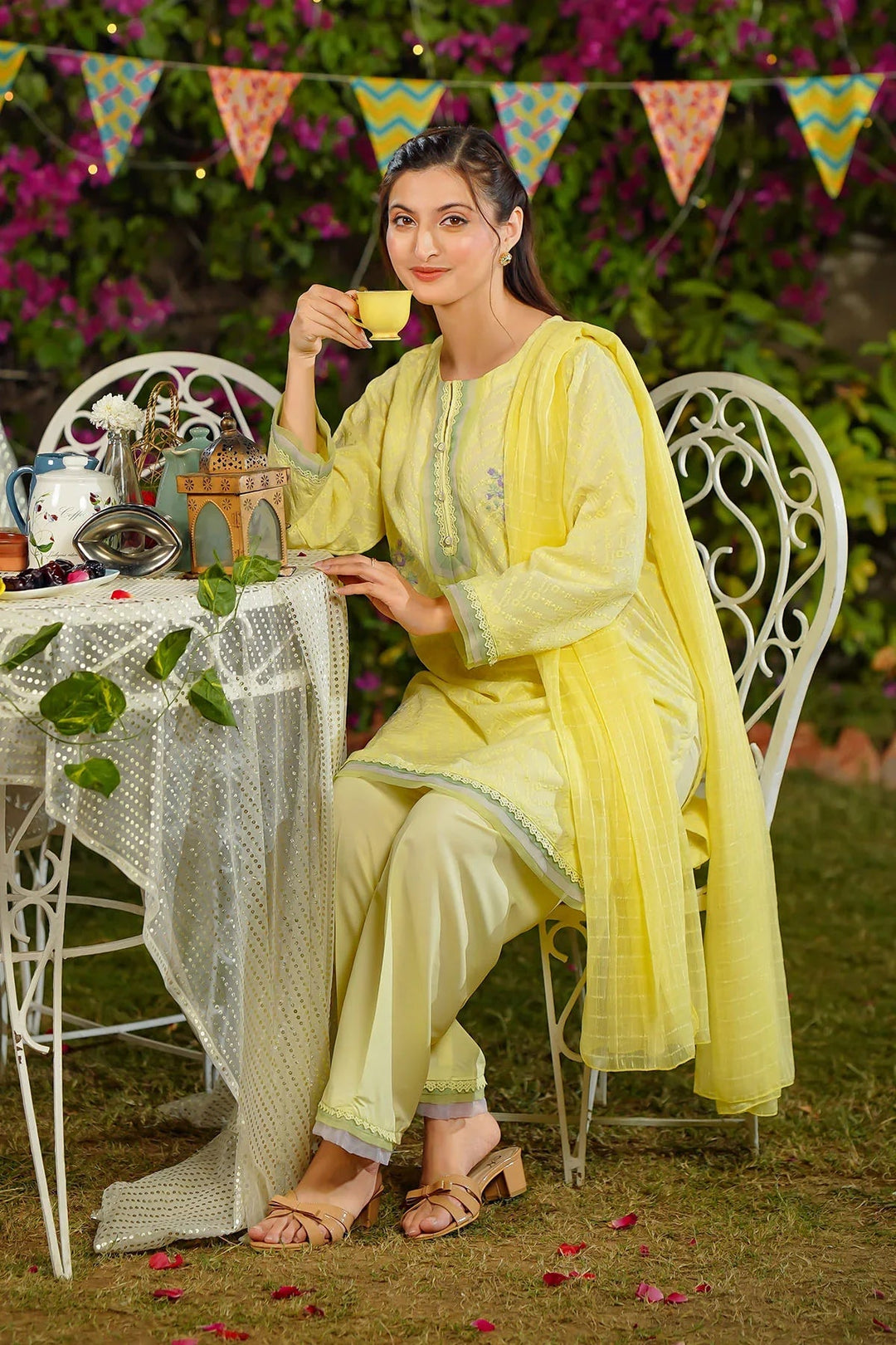 Ochre Women RTW Chiffon 3 Piece Suit Yellow Chiffon Embroidered 3 Pc Suit - Festive Collection