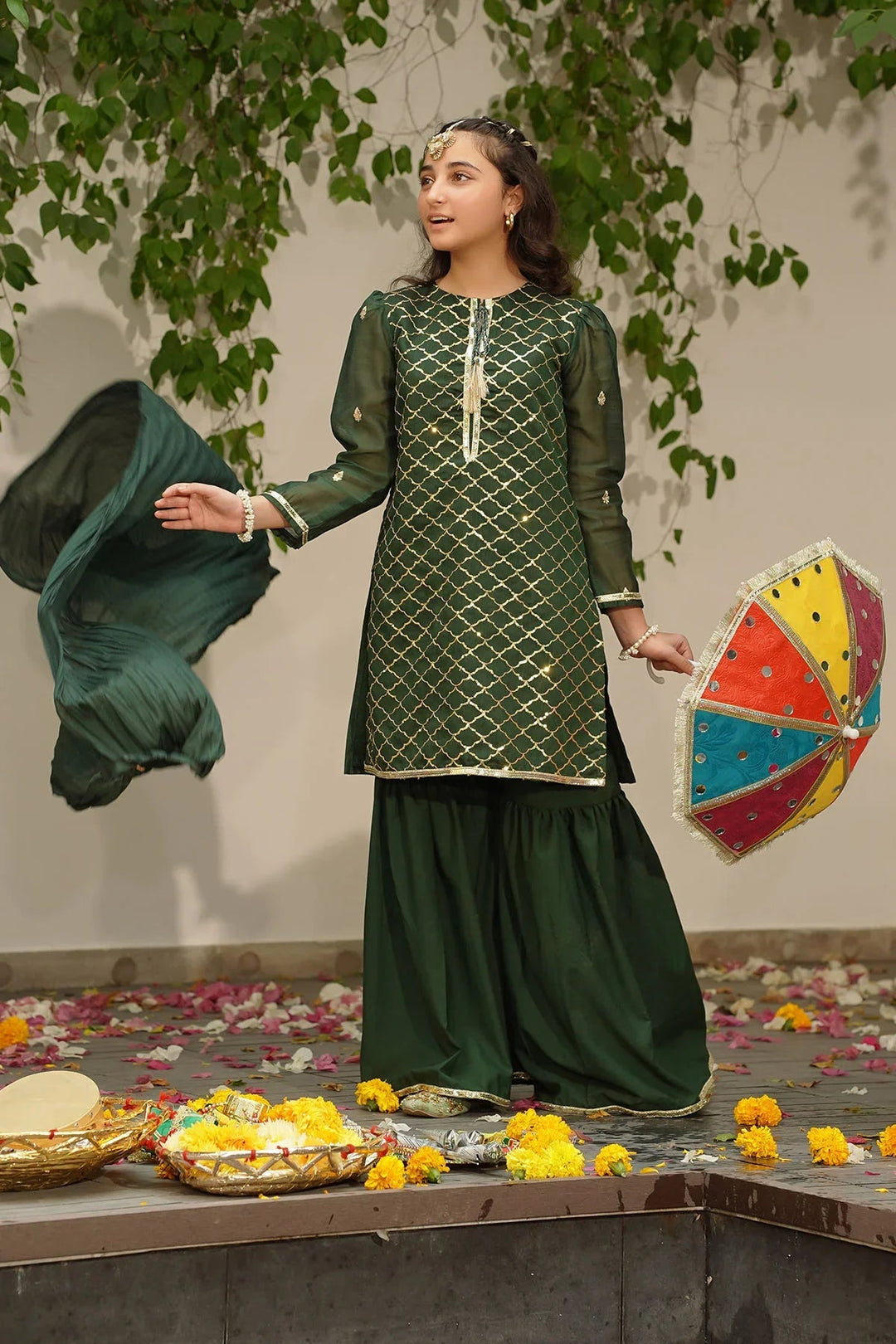 Ochre RTW Embroidered Girls 3 Piece Slub Manar  SHD-10 - Summer Collection