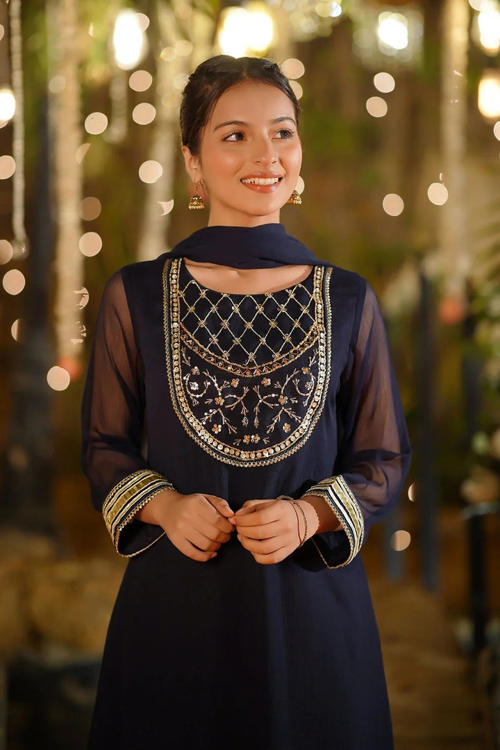 Ochre Girls Pret Embroidered Chiffon Hand Adda Work 3 Piece Suit AC-65 - Summer Collection