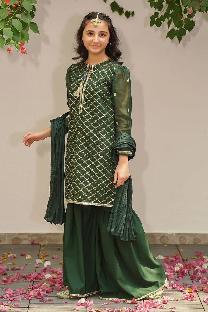 Ochre RTW Embroidered Girls 3 Piece Slub Manar  SHD-10 - Summer Collection