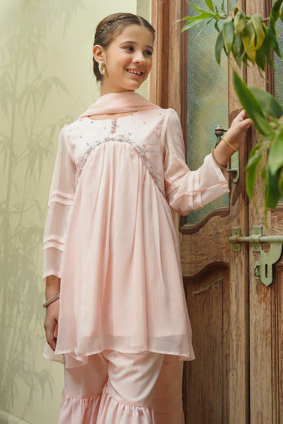 Ochre RTW Embroidered Girls 3 Piece Chiffon Hand Adda Work OFW-AC-46 - Summer Collection