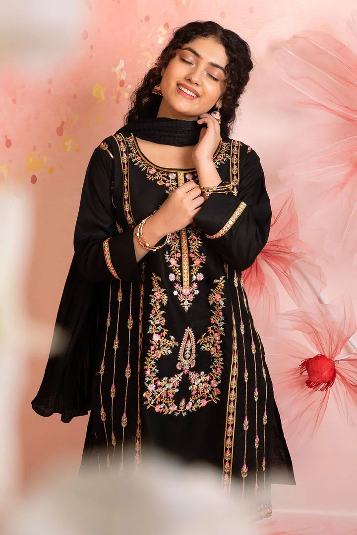 Ochre Girls RTW Cotton 3 Piece Suit Black Cotton Kurta With Embroidery - Festive Collection